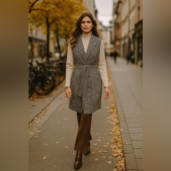 Marc New York Andrew Marc Houndstooth Longline Open Belted Sleeveless Jacket L - Picture 1 of 16